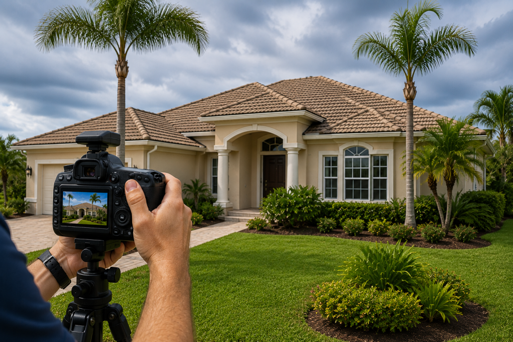 Man Photographing Front Exterior of House With Camera
