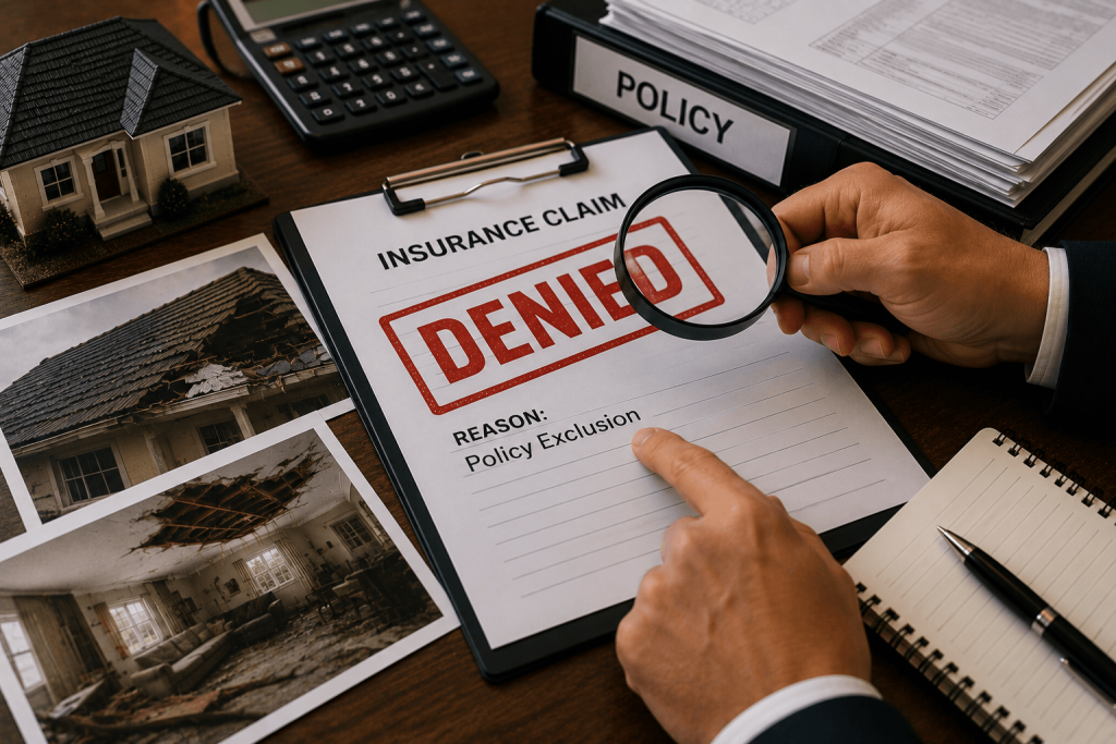 Clipboard With Denied Insurance Policy & Photos of House Damage