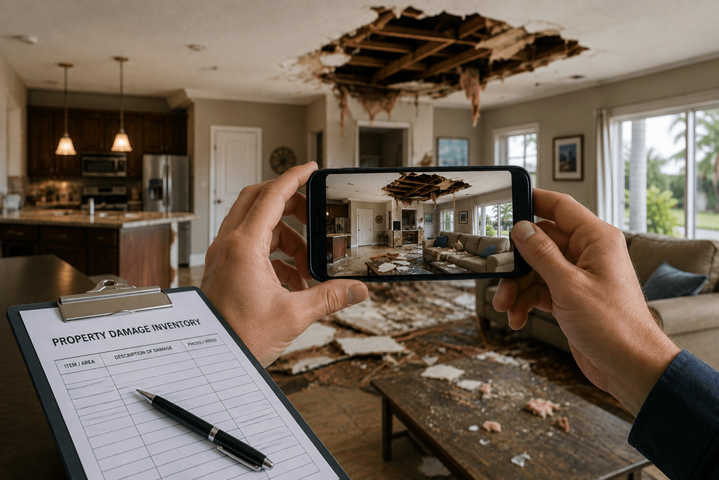 Homeowner Documenting Home Damage With Phone and Clipboard Sheet