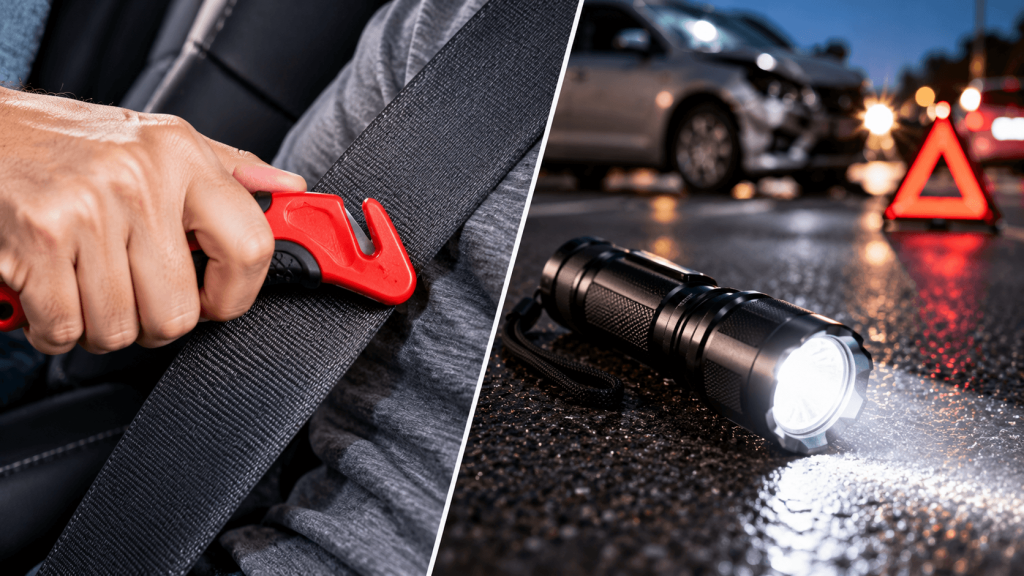 Emergency Gear, Seatbelt Cutter and Flashlight